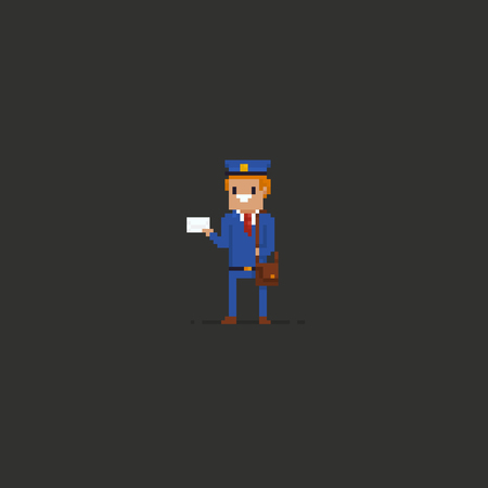 Pixel art mailman in blue uniform holding an envelopeのイラスト素材