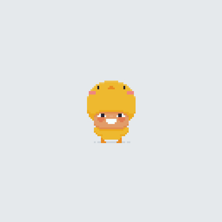 Pixel art happy kid in chick costume isolated on white backgroundのイラスト素材