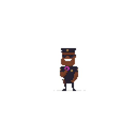 Pixel art policeman with donut on white backgroundのイラスト素材