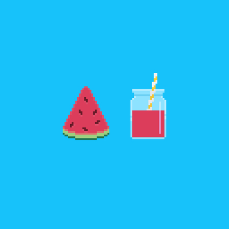 Pixel art watermelon slice and jar with smoothieのイラスト素材
