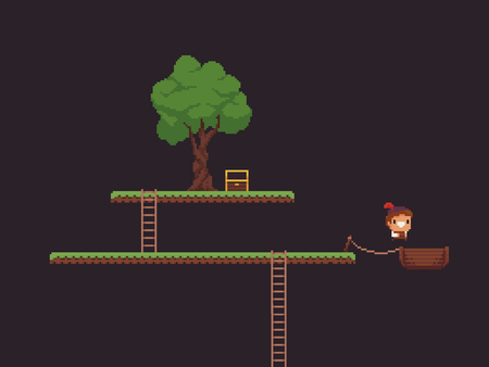 Pixel art game scene with grass platforms, tree, open chest, ladders and character jumping into the wooden boatのイラスト素材