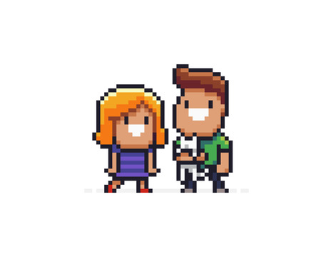 Pixel art characters, woman and men holding white catのイラスト素材