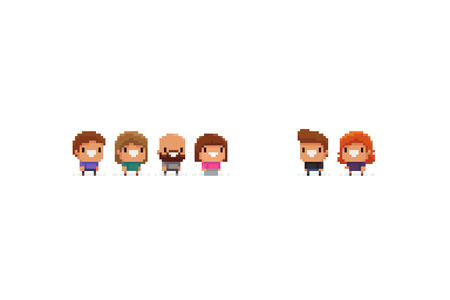 Group of pixel art office characters, male and female, isolated on white backgroundのイラスト素材