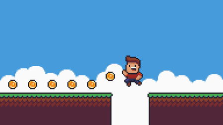 Pixel art summer scene, happy male character collecting gold coins, grass, clouds and sky
