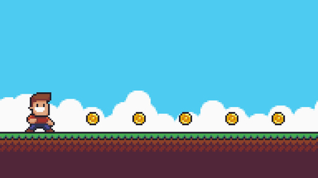 Pixel art summer scene, happy male character collecting gold coins, grass, clouds and skyのイラスト素材
