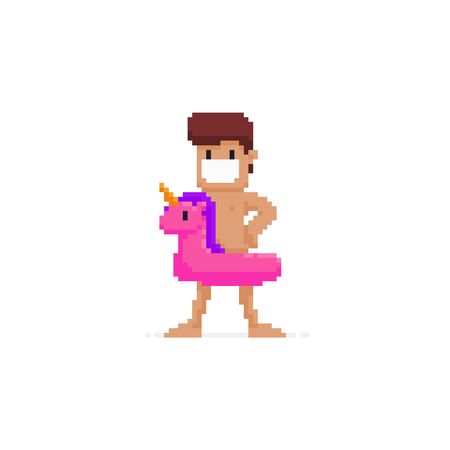 Pixel art male character in confident pose with swimming circle unicornのイラスト素材