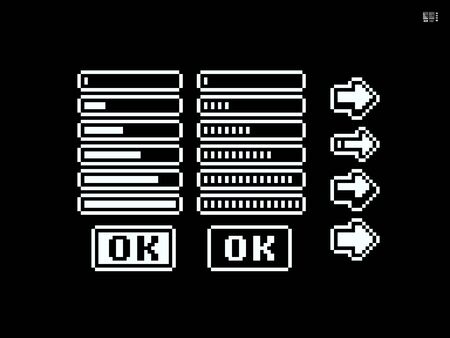 Pixel art set of ui elements, progress bar, arrow, button