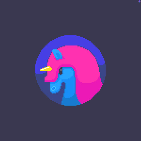 Pixel art unicorn blue unicorn head with pink hair in circleのイラスト素材