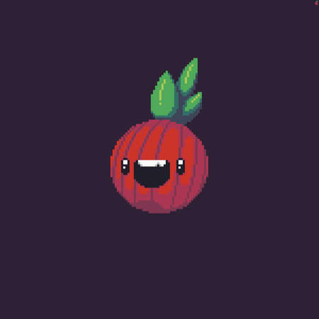 Pixel art funny laughing red onion character on dark backgroundのイラスト素材