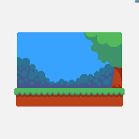 Pixel art summer scene with sky, bushes, tree, grass and soilのイラスト素材