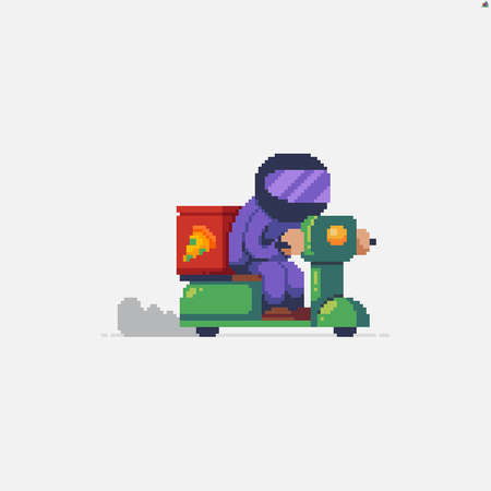 Pixel art pizza delivery man riding green scooterのイラスト素材
