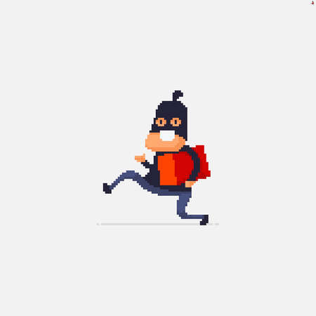 Pixel art funny cheerful thief character carrying a boxのイラスト素材