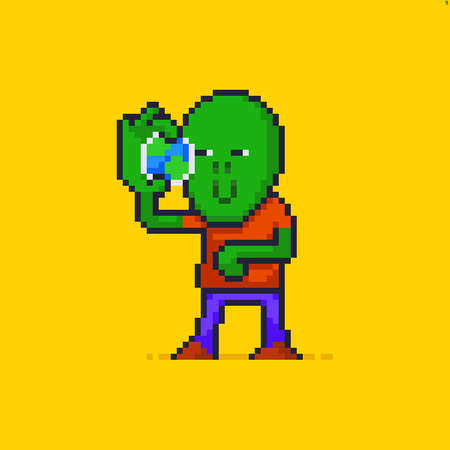 Pixel art cheerful alien character closely looking at the planet in his handのイラスト素材