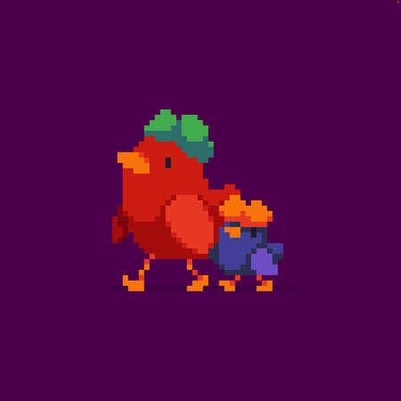 Two pixel art birds, parent and kid walking togetherのイラスト素材