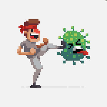 Pixel art character fighting against virusのイラスト素材