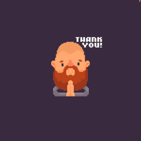 Pixel art bearded male character with his hands together in namaste gesture and thank you textのイラスト素材