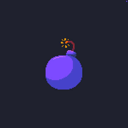 Pixel art violet cartoon bomb icon isolated on dark backgroundのイラスト素材