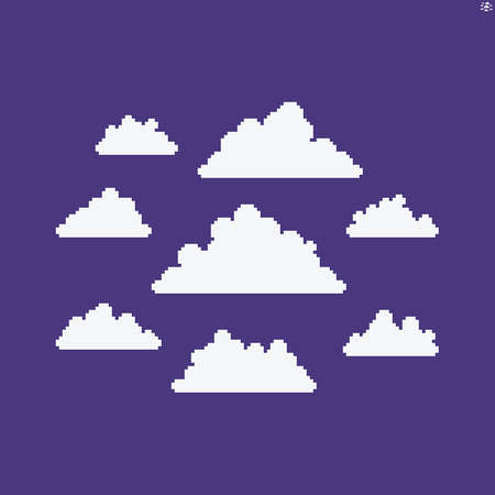 Multiple pixel art cloud icons of different sizes and shapes isolated on violet background