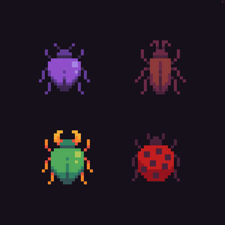 Four tiny pixel art bugs with different color and shapeのイラスト素材