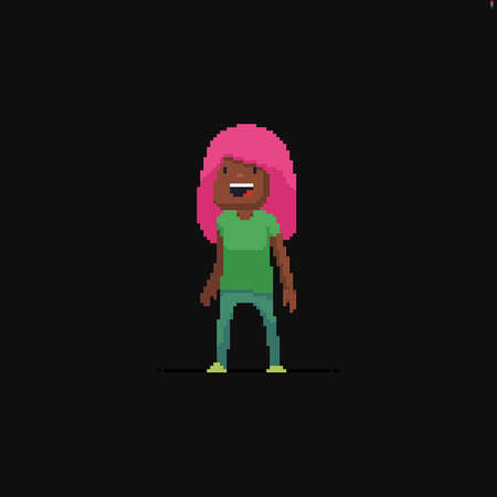 Pixel art attractive african american girl with long pink hairs isolated on dark background