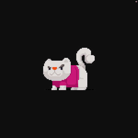 Pixel art cat with white fur in a pink T-shirt with a dissatisfied lookのイラスト素材
