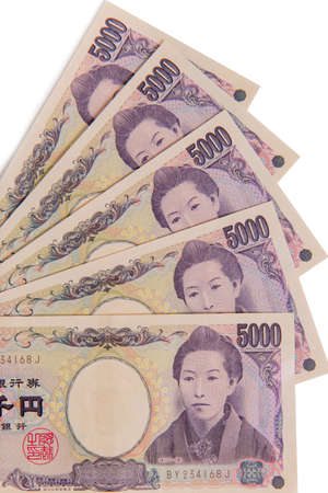 Japanese Yen, 5000 yen on white background , Japanese currency yen bankの写真素材
