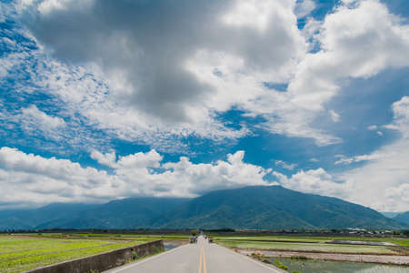Many tourists ride electric tricycles on the field roads.Landscape View Of Beautiful Rice Fields At Brown Avenue, Chishang, Taitung, Taiwanの写真素材
