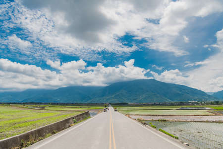 Many tourists ride electric tricycles on the field roads.Landscape View Of Beautiful Rice Fields At Brown Avenue, Chishang, Taitung, Taiwanの写真素材