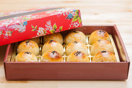 Chinese pastry or Moon cake, top view, Mooncake is a Chinese bakery product traditionally eaten during the Mid-Autumn Festival.の写真素材
