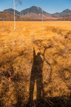 Shadow of a person on the grassland, Autumn at Senjogahara plateau in Nikko national park, Nikko Tochigi, Japanの写真素材