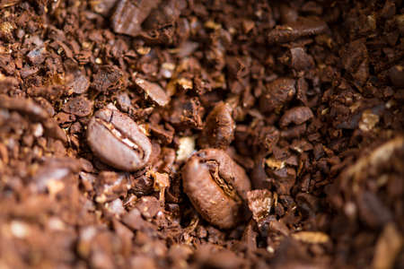 Coffee beans are ground into coffee powder by a grinderの写真素材