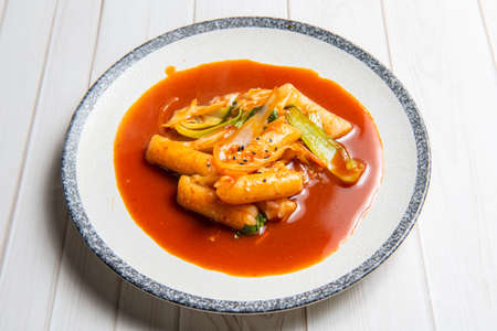 Tteok-bokki or stir-fried rice cakes is a popular, Korean foodの写真素材
