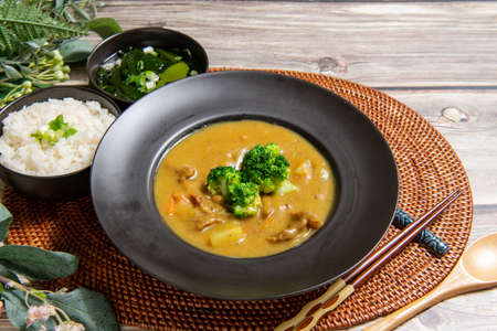 Pork Curry Rice on wooden backgroundの写真素材