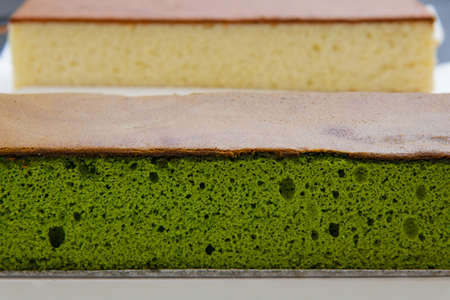 sponge cake with matcha and honey, castella cake, (Japanese sponge cake)の写真素材
