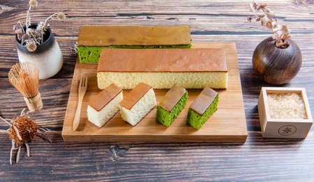 sponge cake with matcha and honey, japanese sweets, honey castella cake, (Japanese sponge cake)の写真素材