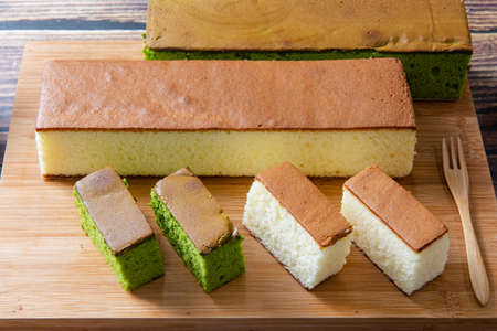 sponge cake with matcha and honey, japanese sweets, honey castella cake, (Japanese sponge cake)