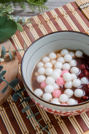 Chinese glutinous rice balls ,Chinese are eaten during (Yuanxiao) served as a dessert on a Lantern Festival ,Chinese wedding day and Winter Solstice Festivalの写真素材