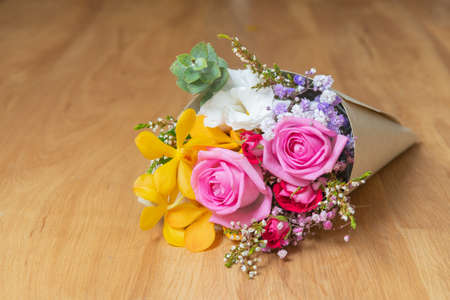 Beautiful and romantic bouquets (roses, orchids, bellflowers, gypsophila).の写真素材