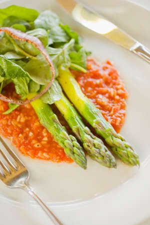 asparagus on a bed of gazpacho salsa and arugula の写真素材