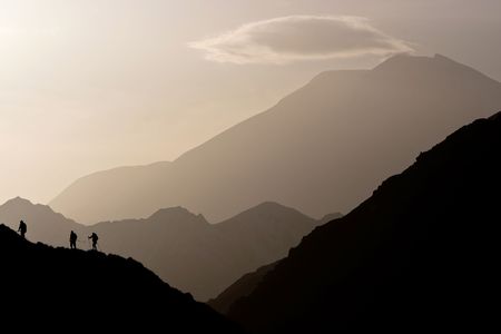 Small figures on the mountain range, Caucasus Mountains, Elbrus, Adilsu june 2010の写真素材