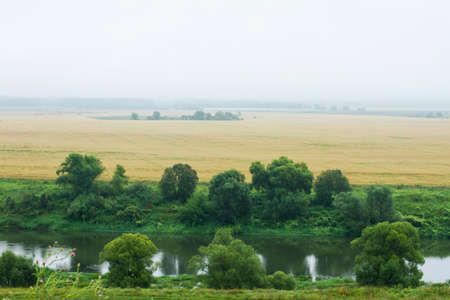 Landscape with a river and yellow field in Russiaの写真素材