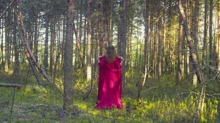 Young woman in red dress walking in the forest
