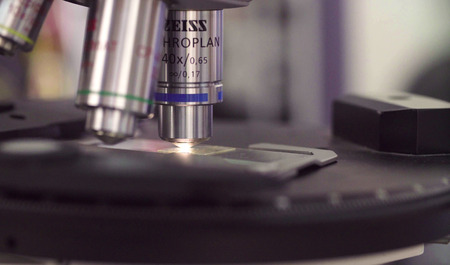 Slide glass under the light microscope lens