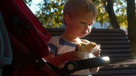 Small kid sitting in a stroller and eating bun. Sunny and windy dayの写真素材