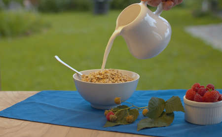 Close up male hand pouring milk into the bowl with muesli. Unrecognizable man cooking breakfast in...