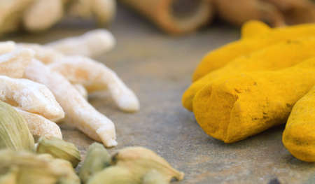 Macro shot spices on the table. Cardamom, turmeric, cinnamon. Extreme close upの写真素材