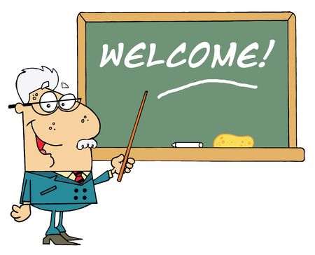 Senior Male School Teacher Pointing To A Welcome Chalk Boardのイラスト素材