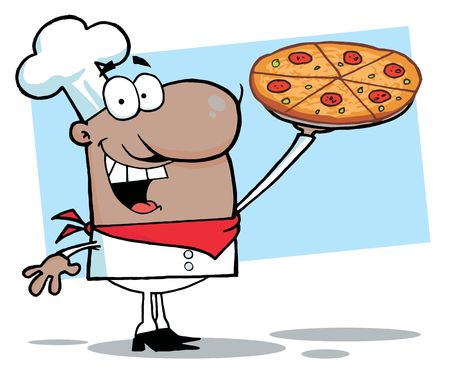 Happy African American Chef Presenting His Pizza Pieのイラスト素材