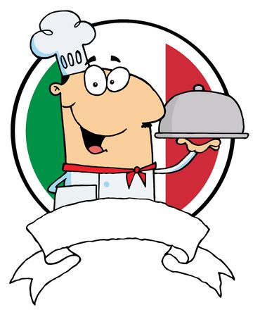 Cartoon Male Chef Serving Food In A Sliver Platter In Front Of Flag Of Italyのイラスト素材