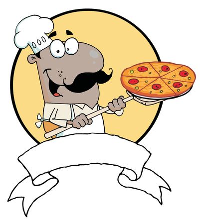 Cartoon Proud African American Chef Inserting A Pepperoni Pizzaのイラスト素材